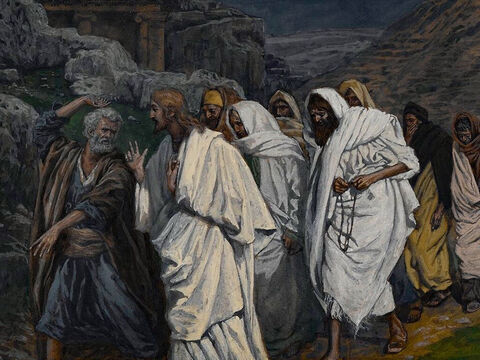 As Jesus walks with His disciples to the garden of Gethsemane He announces they will all desert Him, but after He has risen, He will meet them in Galilee. Peter replies that he will never desert Jesus. <br/>Jesus says, ‘Peter this very night, before the rooster crows, you will disown me three times.’ <br/>Peter and all the disciples say they would rather die with Jesus than disown Him. <br/>(Matthew 26:31-35, Mark 14:27-31, Luke 22:39, John 18:1). <br/>The walk to the garden of Gethsemane - James Tissot – Brooklyn Museum. – Slide 1
