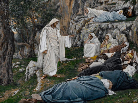At the Garden of Gethsemane, Jesus says to His disciples, ‘Sit here while I go over there and pray.’ He takes Peter, James and John with Him. <br/>(Matthew 26:36-37, Mark 14:32-33, Luke 22:40). <br/>Jesus Commands the Apostles to Rest - James Tissot – Brooklyn Museum. – Slide 2