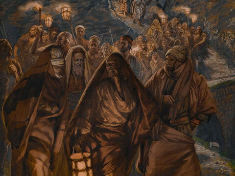 Jesus returns a third time and wakes His disciples. ‘Look, the hour has come, and the Son of Man is delivered into the hands of sinners.  Get up! Let us go! Here comes my betrayer!’ <br/>(Matthew 26:45-47, Mark 14:41, Luke 22:43-44, Luke 22:47). <br/>The Procession of Judas - James Tissot – Brooklyn Museum. – Slide 6