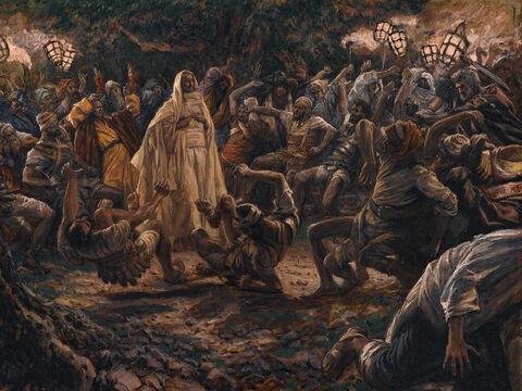 Jesus tells Judas, ‘Do what you came for, friend.’ <br/>Jesus asks the crowd, ‘Who is it you want?’ <br/>They reply, ‘Jesus of Nazareth.’  <br/>‘I am He,’ Jesus announced. As He said this they fell to the ground. <br/>(John 18:4-6). <br/>The Guards Falling Backwards - James Tissot – Brooklyn Museum. – Slide 8