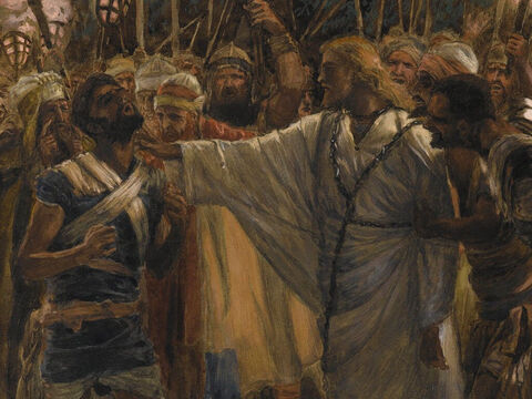 Jesus intervenes, ‘Put your sword back in its place Peter, for all who draw the sword will die by the sword.’ <br/>He then reaches out and heals the injured man’s ear. <br/>Jesus asks, ‘Do you think I cannot call on my Father, and have more than twelve legions of angels rescue me? Am I leading a rebellion, that you have come out with swords and clubs to capture me? Every day I sat in the temple courts teaching, and you did not arrest me. But all this is happening so the writings of the prophets will be fulfilled.’ <br/>(Matthew 26:52-55, Mark 14:48-49, Luke 22:51-53). <br/>The Healing of Malchus - James Tissot – Brooklyn Museum. – Slide 10