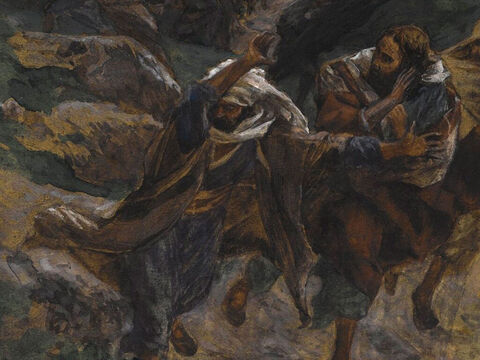The detachment of soldiers with its commander and the Jewish officials arrest Jesus. <br/>All the disciples deserted Jesus and flee. <br/>(Matthew 26: 50,56 Mark 14:46, 50-52 Luke 22:49). <br/>The disciples flee - James Tissot – Brooklyn Museum. – Slide 11