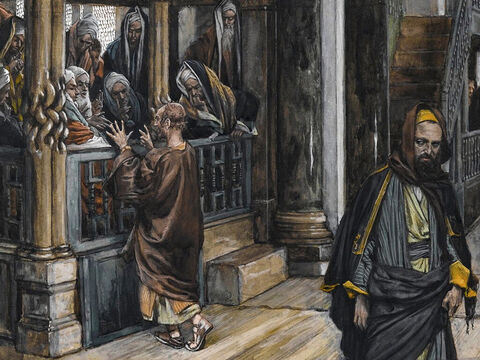 Judas asks, ‘What are you willing to give me if I deliver Him over to you?’ So they count out thirty pieces of silver. From then on Judas watches for an opportunity to hand Jesus over to them. <br/>(Matthew 26:15-16, Mark 14:11, Luke 22:4-6). <br/>Judas Goes to Find the Jews - James Tissot - Brooklyn Museum. – Slide 2