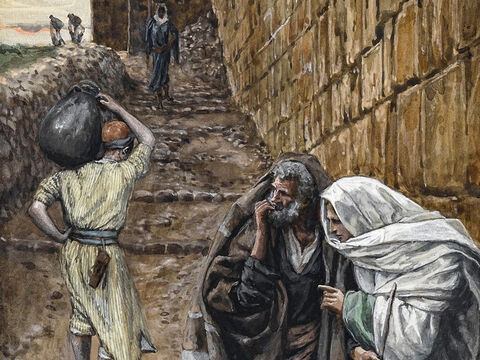 Jesus tells two of His disciples, ‘Go into the city, and a man carrying a jar of water will meet you. Follow him. The owner of the house he enters will show you a large furnished room upstairs. Make preparations for us there.’ <br/>The two disciples do as Jesus asks and prepare the Passover meal. <br/>(Mark 14:13-16, Luke 22:10-13). <br/>The Man Bearing a Pitcher - James Tissot - Brooklyn Museum. – Slide 4