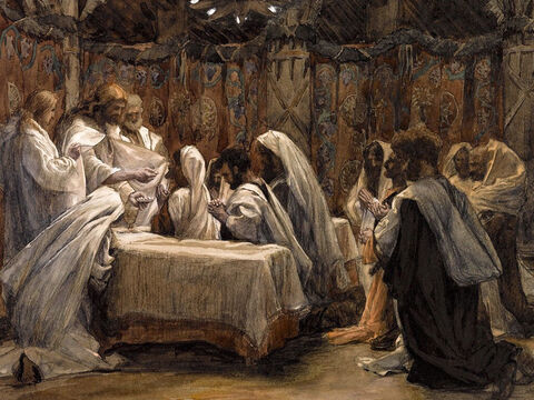 Jesus takes bread, gives thanks, breaks it and gives it to His disciples, saying, ‘Take and eat, this is my body given for you. Do this in remembrance of me.’ <br/>(Matthew 26:26, Mark 14:22, Luke 22:19). <br/>The Communion of the Apostles - James Tissot - Brooklyn Museum. – Slide 8