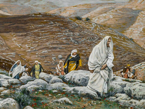 Jesus and His disciples climb towards Bethphage on the Mount of Olives. <br/>(Matthew 21:1, Mark 11:1). <br/>With Passover Approaching, Jesus Goes Up to Jerusalem - James Tissot - Brooklyn Museum. – Slide 1