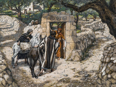 Two disciples are sent to find a donkey and her colt. <br/>(Matthew 21:2-6, Mark 11:2-6). <br/>The Foal of Bethpage - James Tissot - Brooklyn Museum. – Slide 2