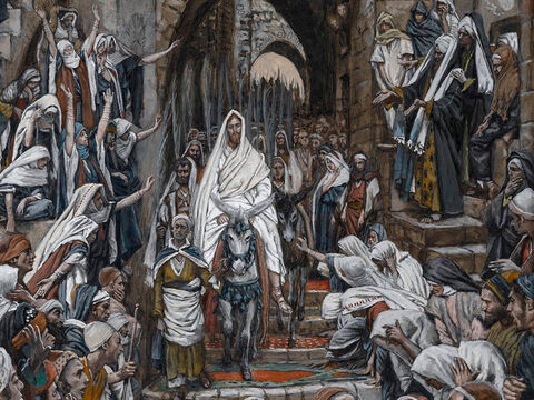 Jesus enters Jerusalem. The whole city is stirred and asks, ‘Who is this?’ <br/>The crowds reply, ‘This is Jesus, the prophet from Nazareth in Galilee.’ <br/>(Matthew 21:10-11). <br/>The Procession in the Streets of Jerusalem – James Tissot - Brooklyn Museum. – Slide 7