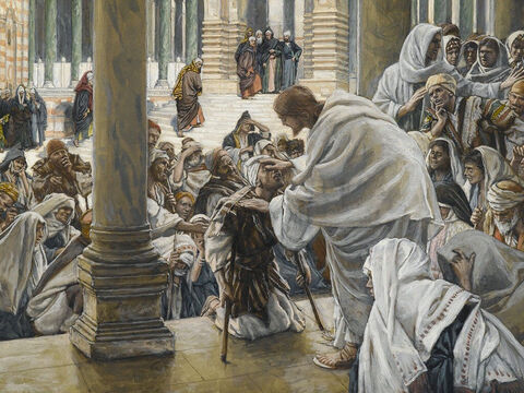 The blind and the lame come to Jesus at the temple, and He heals them. <br/>(Matthew 21:14). <br/>Jesus heals the blind and lame in the Temple - James Tissot - Brooklyn Museum. – Slide 12