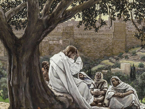 Jesus leaves the city for Bethany. Some time later He talks to His disciples about the future destruction of Jerusalem. <br/>(Luke 21:5-38). <br/>The Prophecy of the Destruction of the Temple - James Tissot - Brooklyn Museum. – Slide 14