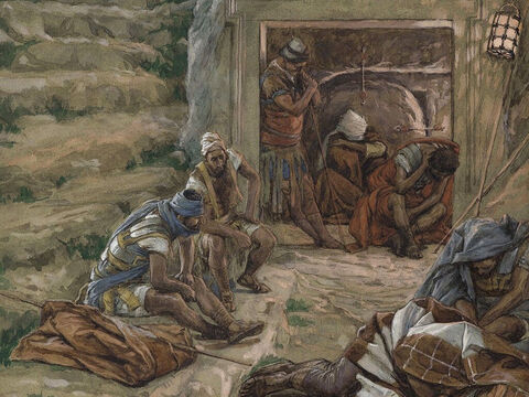 It was early in the morning on the third day since Jesus had been crucified and buried in a tomb. The tomb was guarded by soldiers. <br/>(Matthew 28:1). <br/>The Watch Over the Tomb - James Tissot - Brooklyn Museum. – Slide 1