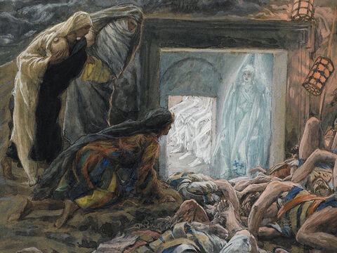 Just after sunrise, Mary Magdalene, Mary the mother of James, Joanna and Salome, brought spices to anoint Jesus’ body. <br/>When they arrived they saw that the large stone across the tomb entrance had been rolled away. <br/>(Mark 16:1-4). <br/>Mary Magdalene and the Women at the Tomb- James Tissot - Brooklyn Museum. – Slide 3
