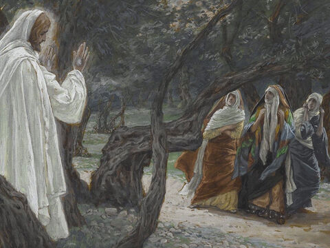 So the women hurried away from the tomb, afraid yet filled with joy, and ran to tell His disciples. Suddenly Jesus met them. ‘Greetings,’ He said. They fell down before Him in worship. <br/>(Matthew 28:8-9). <br/>Jesus Appears to the Women - James Tissot - Brooklyn Museum. – Slide 5