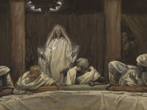 That evening when the disciples were together, with the doors locked for fear of the Jewish leaders, Jesus came and stood among them. He said, ‘Peace be with you!’ Then, He showed them His hands and side. The disciples were overjoyed. <br/>(John 20:19-20). <br/>Appearance of Christ at the Cenacle - James Tissot - Brooklyn Museum. – Slide 13