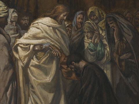 Now Thomas was not with the disciples when Jesus appeared. When they told him, ‘We have seen the Lord!’ he did not believe them.  <br/>‘Unless I see the nail marks in His hands and put my hand into His side, I will not believe,’ he said. <br/>A week later when the disciples were meeting in a locked room Jesus appeared again saying, ‘Peace be with you.’  <br/>He told Thomas to put his finger into the wounds in His hands and side. <br/>‘My Lord and my God!’ he gasped. <br/>Jesus told him, ‘Because you have seen me, you have believed. Blessed are those who have not seen and yet have believed.’ <br/>(John 20:24-28). <br/>The Disbelief of Thomas - James Tissot - Brooklyn Museum. – Slide 14