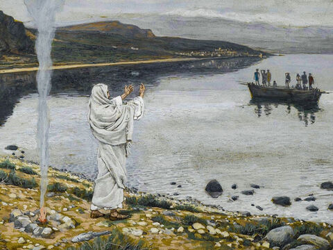 Some time later, seven of the disciples were fishing in Galilee. Early in the morning, Jesus stood on the shore, and shouted, ‘Friends, haven’t you any fish?’ <br/>They did not recognise Jesus and replied. ‘No.’ <br/>Jesus told them to throw their net on the right side of the boat. When they did, they were unable to haul the net in because of the large number of fish. <br/>(John 21:1-6). <br/>Christ Appears on the Shore of Lake Tiberias - James Tissot - Brooklyn Museum. – Slide 15