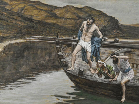 John said to Peter, ‘It is the Lord!’ Peter immediately wrapped his outer garment around him, jumped into the water and swam to Jesus. The disciple followed in the boat. <br/>(John 21:7-8). <br/>Peter Alerted by John to the Presence of the Lord - James Tissot - Brooklyn Museum. – Slide 16