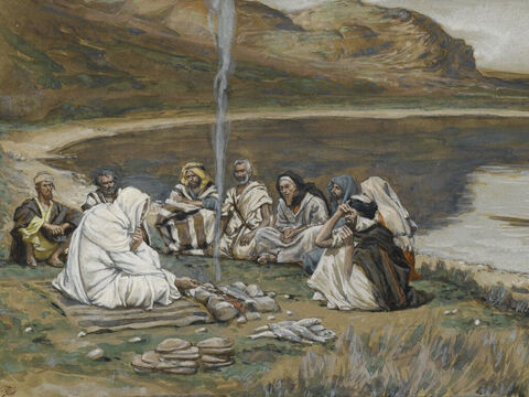 Jesus invited them to have a cooked breakfast of bread and fish. <br/>All the disciples knew it was Jesus and it was the third time they had seen Him alive. <br/>(John 21:9-14). <br/>Meal of Our Lord and the Apostles - James Tissot - Brooklyn Museum. – Slide 17