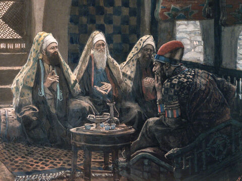 Herod secretly met with the wise men and found out from them the time the star had appeared. He told them, ‘Go and search carefully for the child. When you find Him, tell me so that I, too, may go and worship Him.’ <br/>(Matthew 2:7-8). <br/>The Magi in the House of Herod - James Tissot - Brooklyn Museum. – Slide 8