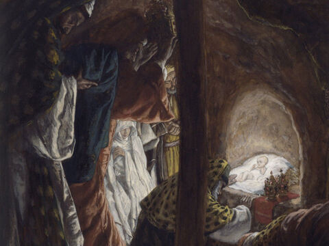 The wise men followed the star to Bethlehem where it stopped over the place where the Jesus was staying. <br/>They fell down and worshipped Him. Then they opened their treasure sacks and offered Him gifts of gold, frankincense, and myrrh. <br/>Having been warned in a dream not to go back to Herod, they left for their own country by a different road. <br/>(Matthew 2:9-12). <br/>The Adoration of the Magi - James Tissot - Brooklyn Museum. – Slide 9