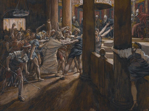 Then the mob led Jesus to the home of Caiaphas, the high priest, where all the Jewish leaders were gathering. <br/>(Matthew 26:57, Mark 14:53, Luke 22:54). <br/>The Tribunal of Annas - James Tissot - Brooklyn Museum. – Slide 1