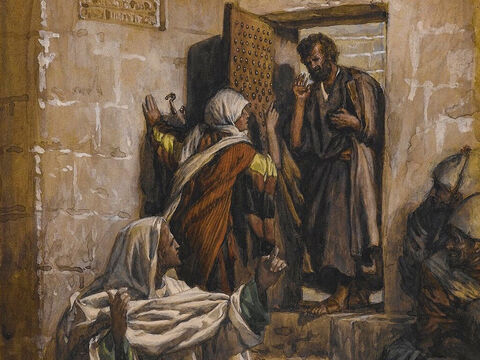 Meanwhile, Peter came to the courtyard of the high priest’s house and went in. A girl at the gate said to him, ‘You were with Jesus, for both of you are from Galilee.’ <br/>But Peter denied it loudly and angrily. ‘I don’t even know what you are talking about.’ <br/>(Matthew 26:69-70, Mark 14:54, Mark 14:66-68, Luke 22:56-58, John 18:16-17). <br/>The First Denial of Saint Peter - James Tissot - Brooklyn Museum. – Slide 4