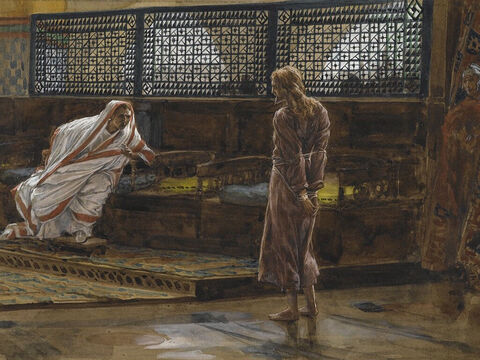 Pilate went back into the palace and called for Jesus to be brought to him. ‘Are you the King of the Jews?’ he asked him. <br/>Jesus answered, ‘I am not an earthly king. If I were, my followers would have fought when I was arrested by the Jewish leaders. But my Kingdom is not of the world.’ <br/>(John 18:33-37). <br/>Jesus Before Pilate, First Interview - James Tissot - Brooklyn Museum. – Slide 2