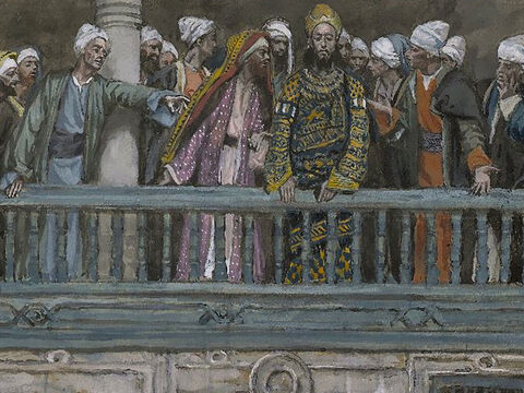 Herod asked Jesus question after question, but there was no reply. Meanwhile, the chief priests and the other religious leaders stood there shouting their accusations. <br/>(Luke 23:9-10). <br/>Jesus Before Herod - James Tissot - Brooklyn Museum. – Slide 4