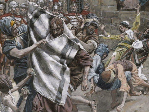Then Herod and his soldiers began mocking and ridiculing Jesus. After putting a kingly robe on him, they sent him back to Pilate. <br/>(Luke 23:11). <br/>Jesus Before Herod - James Tissot - Brooklyn Museum. – Slide 5