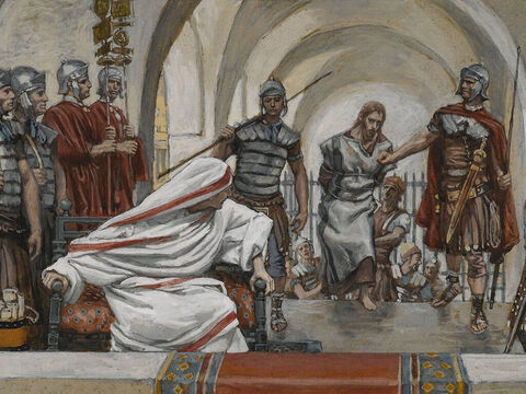 That day Herod and Pilate, enemies before, became good friends. Pilate called together the chief priests and other Jewish leaders, along with the people, and announced his verdict: <br/>(Luke 23:12-13). <br/>Jesus Led from Herod to Pilate - James Tissot - Brooklyn Museum. – Slide 6