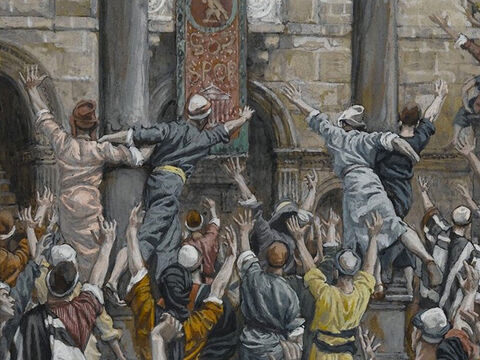 Once more, for the third time, Pilate demanded, ‘Why? What crime has he committed? I have found no reason to sentence him to death. I will therefore scourge him and let him go.’ But they shouted louder and louder for Jesus’ death, and their voices prevailed. <br/>(Luke 23:21-23). <br/>Let Him Be Crucified - James Tissot - Brooklyn Museum. – Slide 10