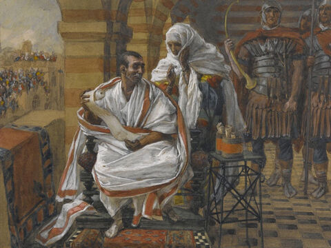 As Pilate was presiding over the court, Pilate’s wife sent him this message: ‘Leave that good man alone, for I had a terrible nightmare concerning him last night.’ <br/>(Matthew 27:19). <br/>The Message of Pilate's Wife - James Tissot - Brooklyn Museum. – Slide 11