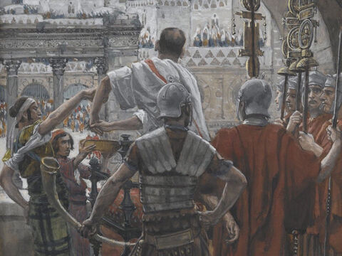 When Pilate saw that he wasn’t getting anywhere and that a riot was developing, he sent for a bowl of water and washed his hands before the crowd, saying, ‘I am innocent of the blood of this good man. The responsibility is yours!’ <br/>The mob yelled back, ‘His blood be on us and on our children!’ <br/>(Matthew 27:24-25). <br/>Pilate Washes His Hands - James Tissot - Brooklyn Museum. – Slide 12