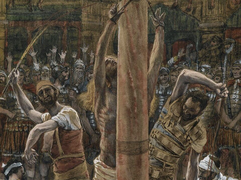 Then Pilate released Barabbas to them and had Jesus whipped. <br/>(Matthew 27:26). <br/>The Scourging on the Back - James Tissot - Brooklyn Museum. – Slide 13