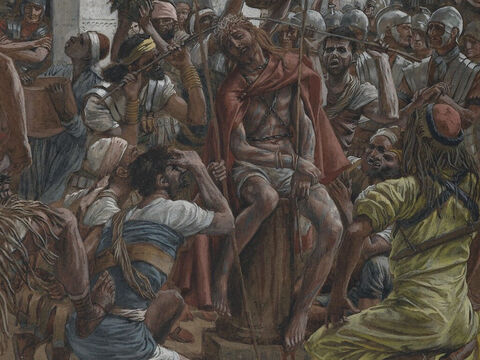 The soldiers took Jesus into the armoury and called out the entire contingent. They stripped him and put a scarlet robe on him. Having made a crown from long thorns they put it on his head, and placed a stick in his right hand as a scepter and knelt before him in mockery. <br/>‘Hail, King of the Jews,’ they yelled. They spat on him and then beat him on the head with the stick. <br/>(Matthew 27:27-30, Mark 15:16-19). <br/>The Crowning of Thorns - James Tissot - Brooklyn Museum. – Slide 15