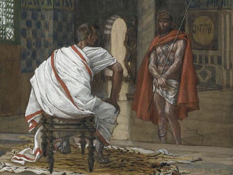 Jesus was brought before Pilate again. Pilate then went outside and sat down at the judgment bench on the stone-paved platform. Jesus was shown to the crowd. <br/>(John 19:13). <br/>Jesus Before Pilate, Second Interview - James Tissot - Brooklyn Museum. – Slide 16