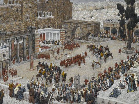 Pilate said to the Jews, ‘Here is your king!’ <br/>(John 19:14). <br/>Bird's-Eye View of the Forum: Jesus Hears His Death Sentence - James Tissot - Brooklyn Museum. – Slide 17