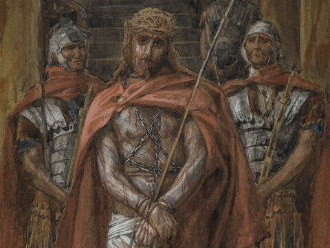 ‘Away with him,’ they yelled. ‘Away with him—crucify him!’ <br/>(John 19:15). <br/>Jesus Leaves the Praetorium - James Tissot - Brooklyn Museum. – Slide 18
