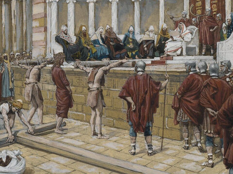 ‘What? Crucify your king?’ Pilate asked. <br/>‘We have no king but Caesar,’ the chief priests shouted back. <br/>Then Pilate gave Jesus to them to be crucified. <br/>(John 19:15-16). <br/>The Judgment on the Gabbatha - James Tissot - Brooklyn Museum. – Slide 19