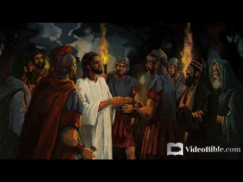 While He was still speaking a crowd came up, and the man who was called Judas, one of the Twelve, was leading them. He approached Jesus to kiss Him, but Jesus asked him, ‘Judas, are you betraying the Son of Man with a kiss?’ <br/>When Jesus’ followers saw what was going to happen, they said, ‘Lord, should we strike with our swords?’ And one of them struck the servant of the high priest, cutting off his right ear. <br/>But Jesus answered, ‘No more of this!’ And He touched the man’s ear and healed him. <br/>Then Jesus said to the chief priests, the officers of the temple guard, and the elders, who had come for him, ‘Am I leading a rebellion, that you have come with swords and clubs? Every day I was with you in the temple courts, and you did not lay a hand on me. But this is your hour—when darkness reigns.’ <br/>Luke 22:47-53 – Slide 6