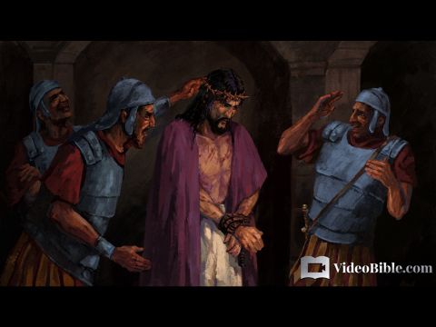 Then the governor’s soldiers took Jesus into the Praetorium and gathered the whole company of soldiers around Him. They stripped Him and put a scarlet robe on Him, and then twisted together a crown of thorns and set it on His head. They put a staff in His right hand. Then they knelt in front of Him and mocked Him. ‘Hail, king of the Jews!’ they said. They spat on Him, and took the staff and struck Him on the head again and again. After they had mocked Him, they took off the robe and put His own clothes on Him. Then they led Him away to crucify him. <br/>Matthew 17:27-31 – Slide 10