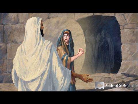 Now Mary stood outside the tomb crying. As she wept, she bent over to look into the tomb and saw two angels in white, seated where Jesus’ body had been, one at the head and the other at the foot. <br/>They asked her, ‘Woman, why are you crying?’ <br/>‘They have taken my Lord away,’ she said, ‘and I don’t know where they have put Him.’ At this, she turned around and saw Jesus standing there, but she did not realise that it was Jesus. <br/>He asked her, ‘Woman, why are you crying? Who is it you are looking for?’ <br/>Thinking He was the gardener, she said, ‘Sir, if you have carried Him away, tell me where you have put Him, and I will get Him.’ <br/>Jesus said to her, ‘Mary.’ <br/>She turned toward Him and cried out in Aramaic, ‘Rabboni!’ (which means ‘Teacher’). <br/>Jesus said, ‘Do not hold on to me, for I have not yet ascended to the Father. Go instead to my brothers and tell them, “I am ascending to my Father and your Father, to my God and your God.”’ <br/>Mary Magdalene went to the disciples with the news: ‘I have seen the Lord!’ And she told them that He had said these things to her. <br/>John 20:11-18 – Slide 13