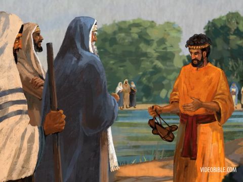 “I baptise with water,” John replied, “but among you stands one you do not know. He is the one who comes after me, the straps of whose sandals I am not worthy to untie.” <br/>This all happened at Bethany on the other side of the Jordan, where John was baptizing. – Slide 12