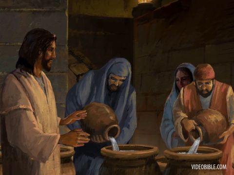 Nearby stood six stone water jars, the kind used by the Jews for ceremonial washing, each holding from twenty to thirty gallons. <br/>Jesus said to the servants, “Fill the jars with water”; so they filled them to the brim. – Slide 4