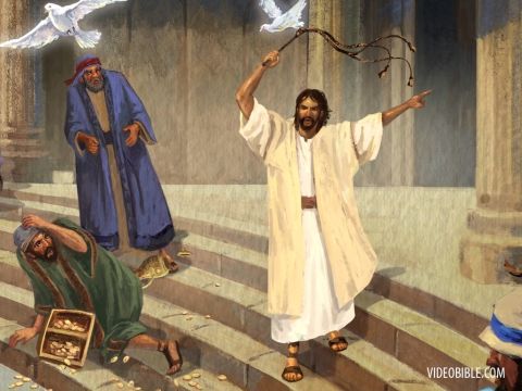So He made a whip out of cords, and drove all from the temple courts, both sheep and cattle; He scattered the coins of the money changers and overturned their tables. – Slide 11