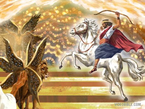 I looked, and there before me was a white horse! Its rider held a bow, and he was given a crown, and he rode out as a conqueror bent on conquest. – Slide 2