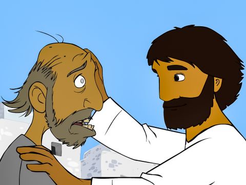 He placed His hands on the blind man and asked him if he could see anything. – Slide 6