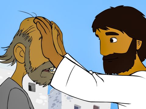 Once again Jesus placed His hands on the man's eyes … – Slide 8
