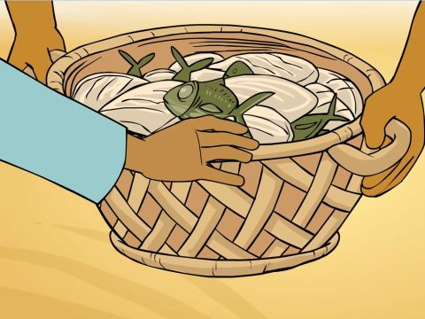 … and after Jesus had blessed these, He told the disciples to pass them around. – Slide 14