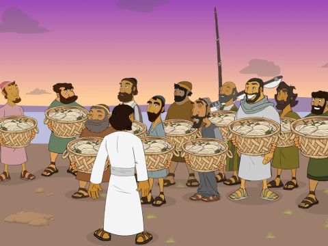 The disciples picked up twelve basketfuls of broken pieces of bread and fish. – Slide 23